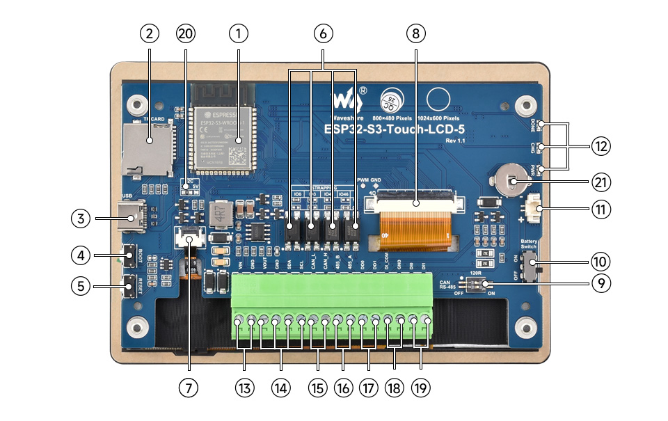 ESP32-S3 5inch Display Development Board, 32-Bit LX7 Dual-Core Processor, 800×480/1024×600 Display Resolution, Touch or No Touch — reference image 7