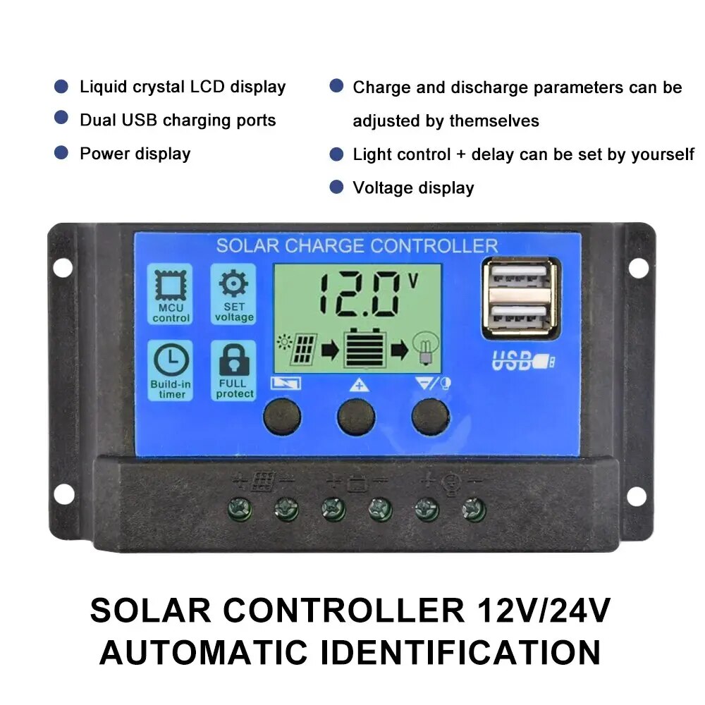 Solar Charge Controller 12V/24V PWM 10A 30A with Adjustable LCD Display Timer Setting — reference image 3